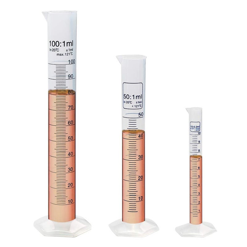 ULAB Scientific Plastic Measuring Cylinder Set, 3 Sizes 10ml 50ml 100ml, PP Material Hexagonal Base, Blue Printed Graduation, UMC1003 - Image 1
